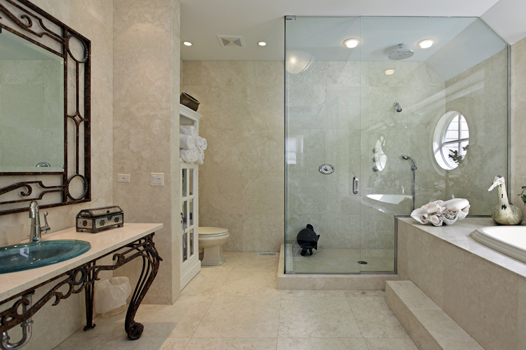 Master bath in luxury home with large step in shower